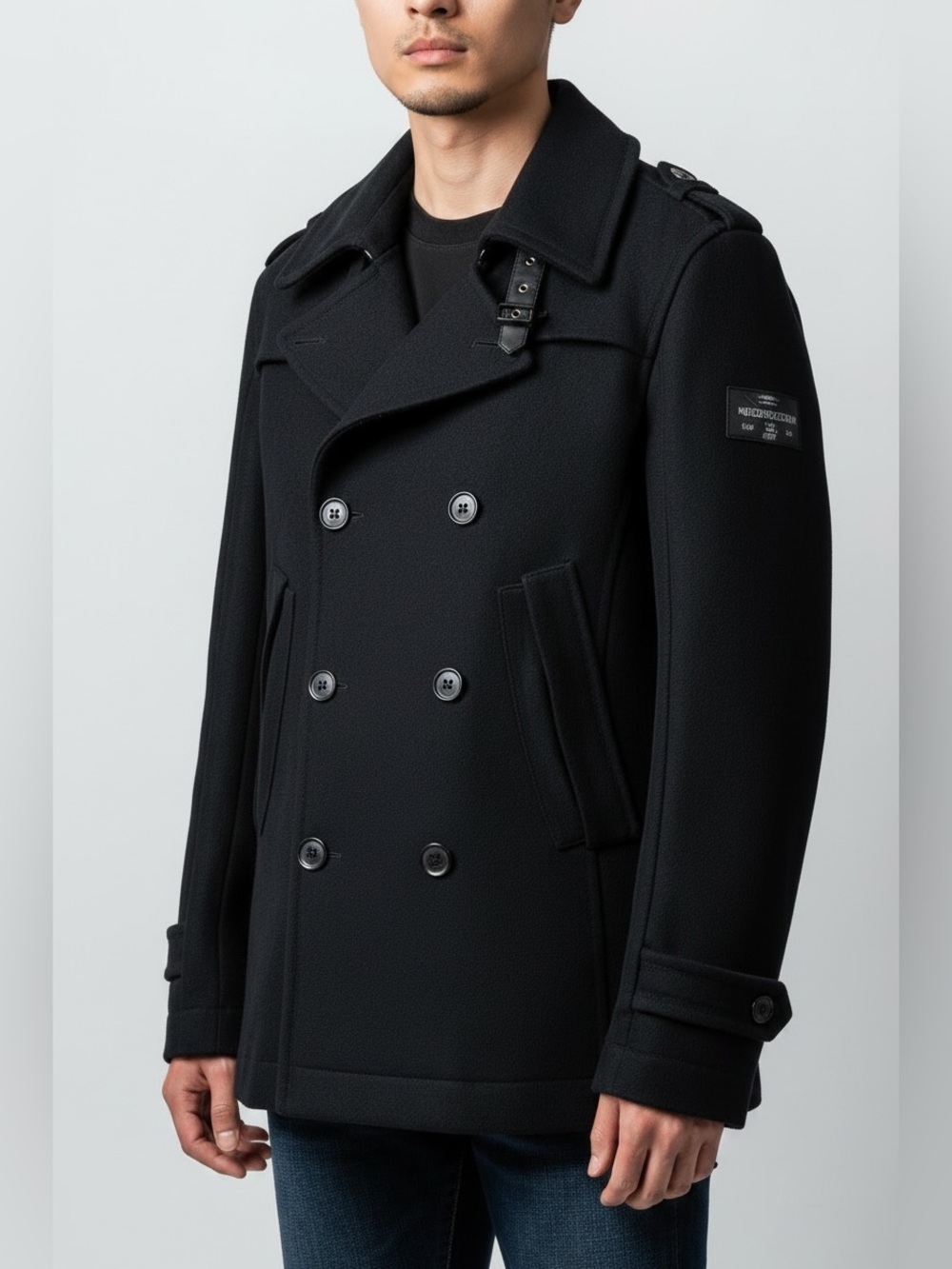 Diesel Black Double-Breasted Peacoat with Epaulets Medium